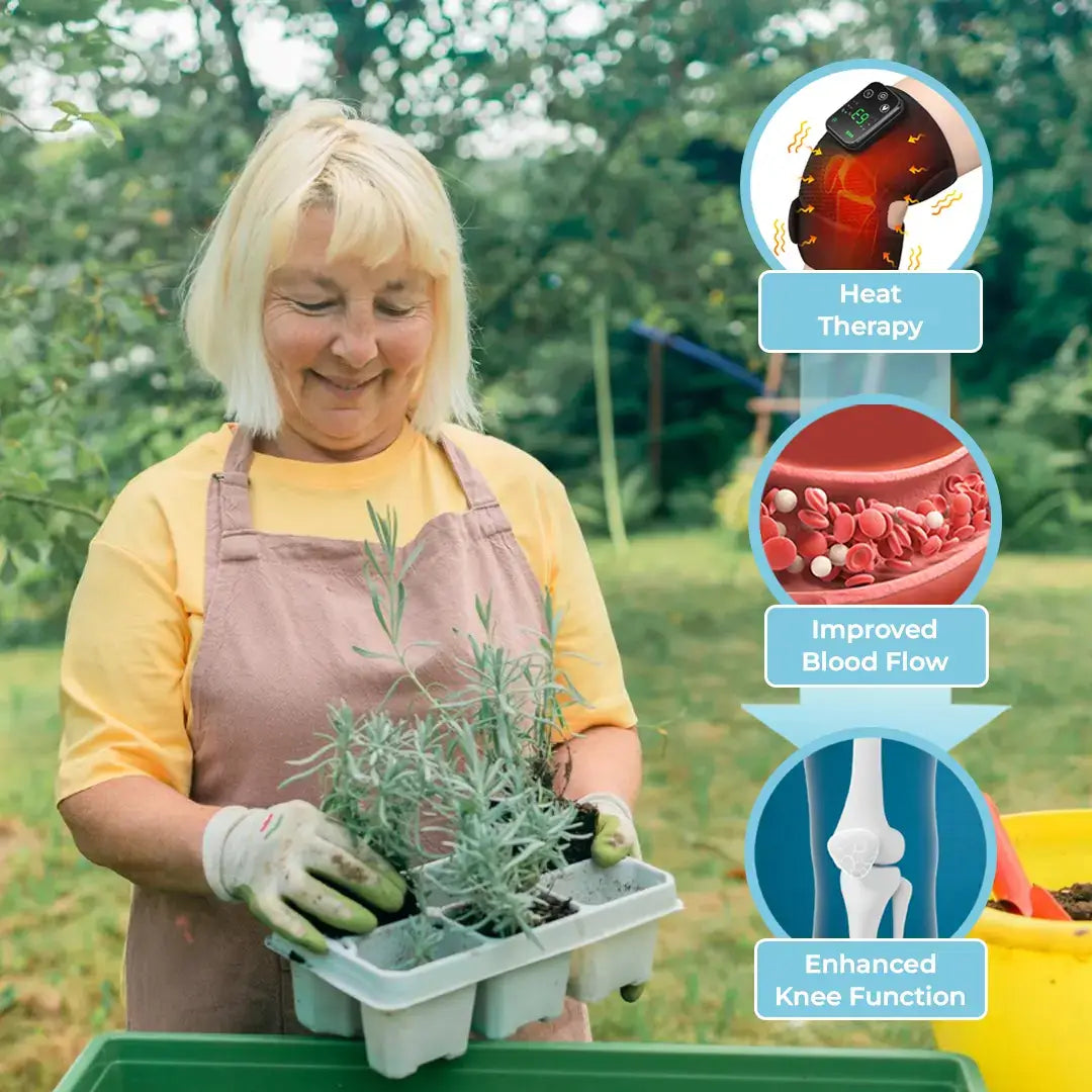 Smiling woman gardening with infographic on heat therapy benefits for knee function and blood flow.