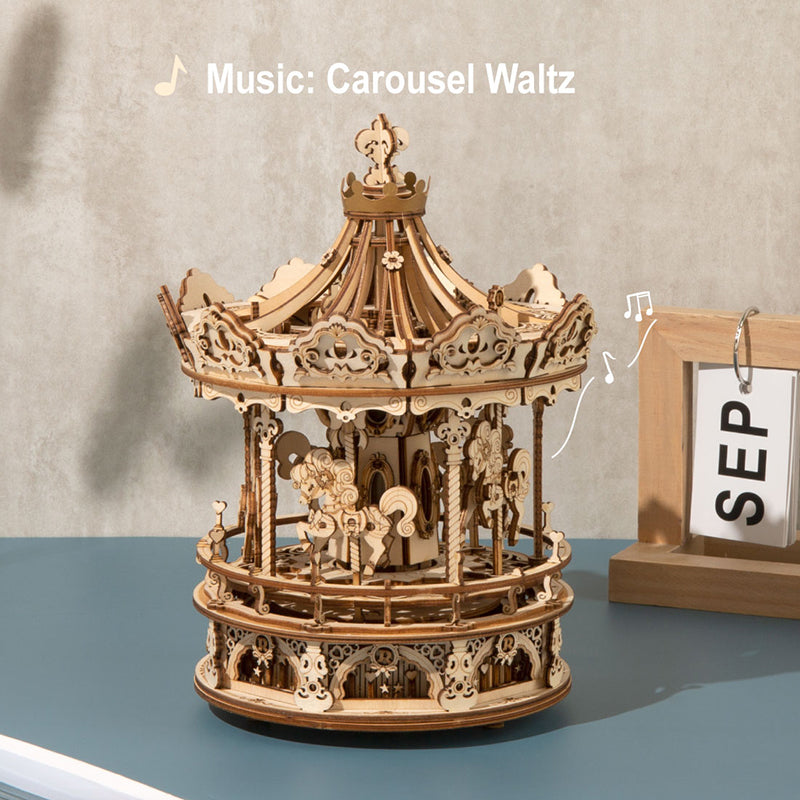 Wooden Romantic Carousel Mechanical Music Box 3D Wooden Puzzle AMK62 9