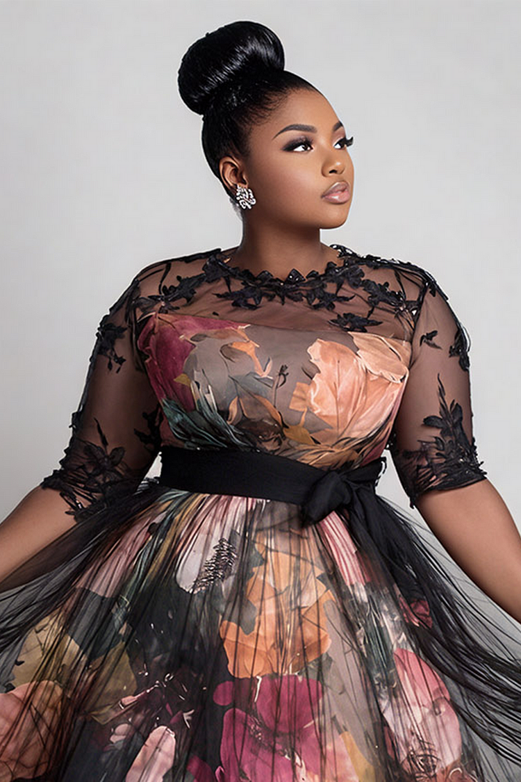 Xpluswear Design Plus Size Wedding Guest Satin Black All Over Print Round Neck Short Sleeve See Through Elegant Tulle Midi Dresses [Pre-Order]