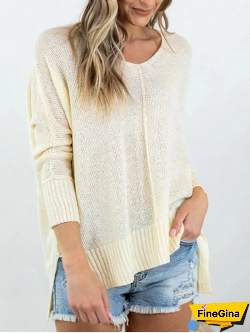 Women's Pure Color Casual V-neck Knitted Long Sleeve Sweater Top