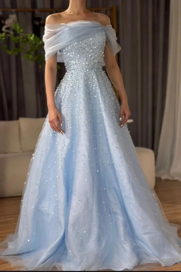 Off-The-Shoulder Sky Blue A-Line Sequins Prom Dress｜Acodress ZT0550