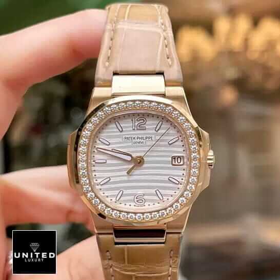 Patek Philippe Nautilus Leather Bracelet Diamond Bezel Replica on the hand