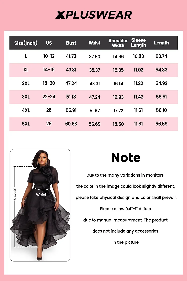 Xpluswear Design Plus Size Cocktail Party Black Round Neck Short Sleeve Ruffle Elegant 3D Organza Maxi Dresses [Pre-Order]