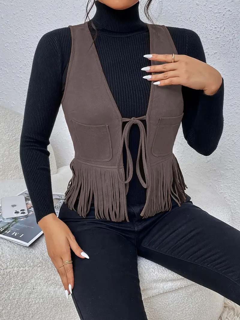 流苏领带前纯色背心,优雅无袖时尚背心,女装 详情 12