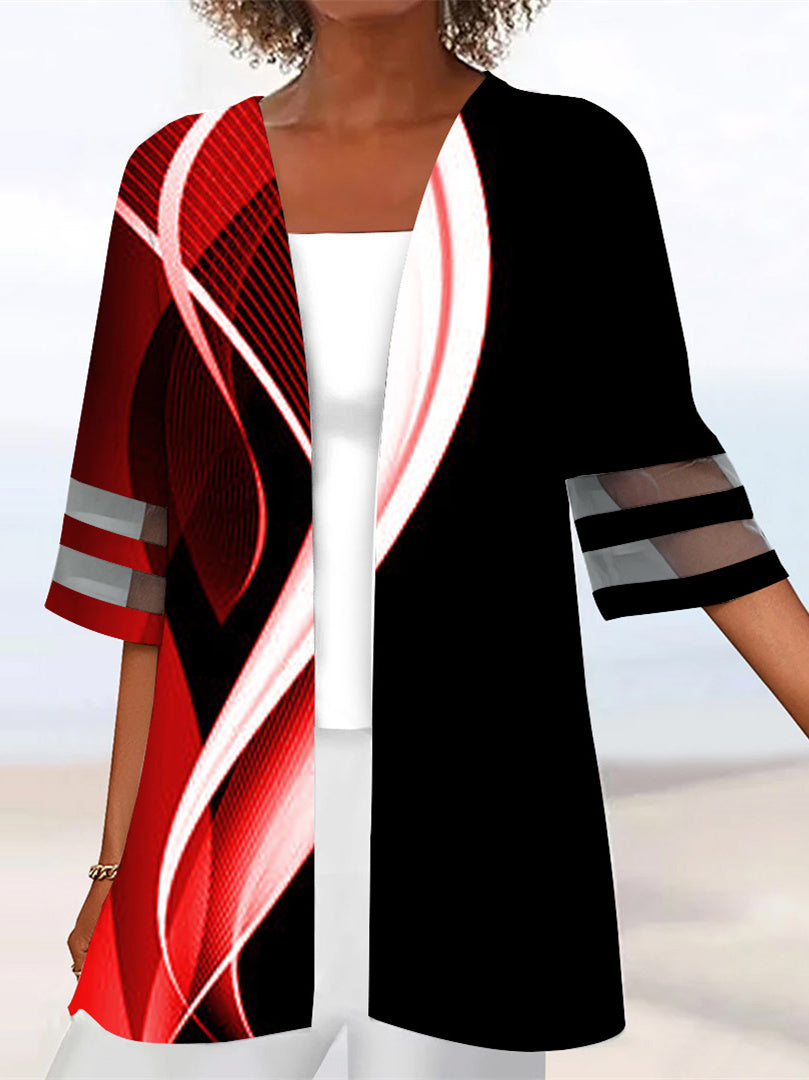 Women Half Sleeve Scoop Neck Striped Printed Colorblock Two-Pieced Tops