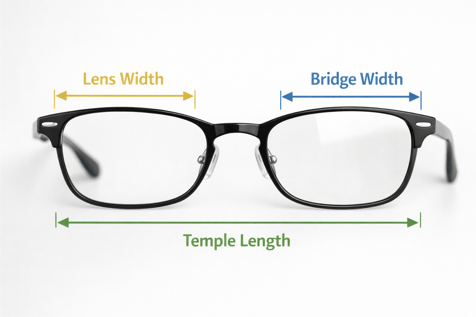 Glasses frame size measurements diagram showing lens width bridge width and temple length