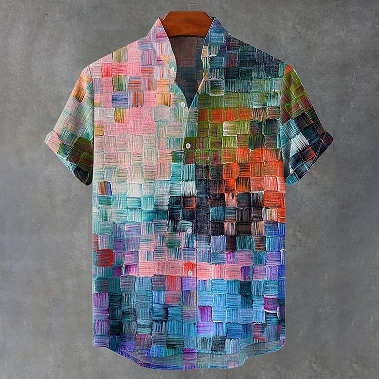 Oil Painting Style Lattice Vintage Art Print Casual Cotton Linen Shirt