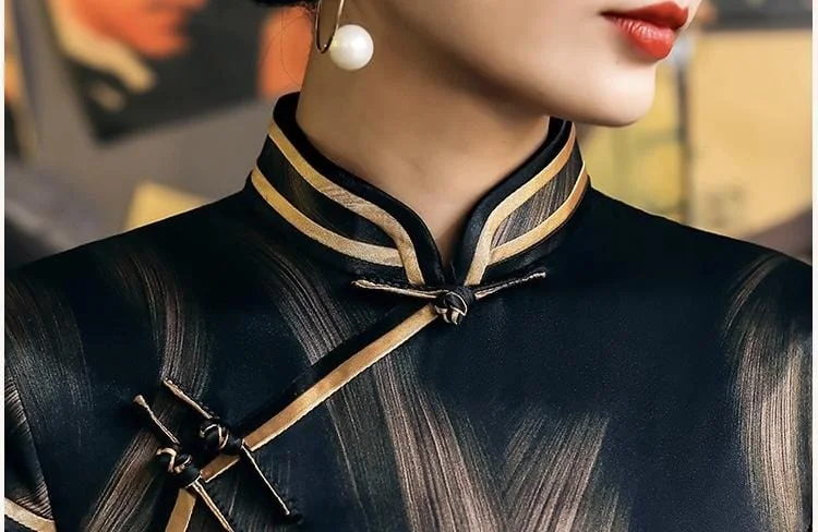 19 mome mulberry silk, High end long black Qipao