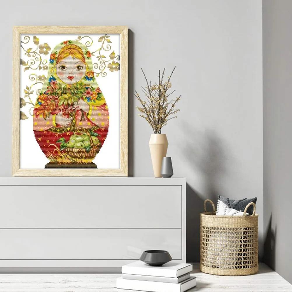 Russian Matryoshka Doll(5) Partial 14CT Pre-stamped Canvas(28*37cm) Cross Stitch(backstitch)