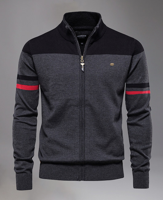 Business High Quality Striped Stand Collar Zip-Up Knit Jacket