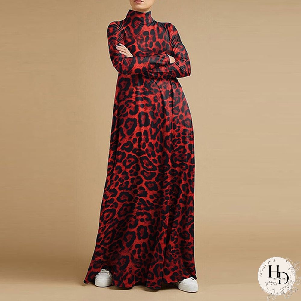 Women Holiday Leopard Print Long Sleeve Dress Ladies Baggy Long Maxi Shirt Dress