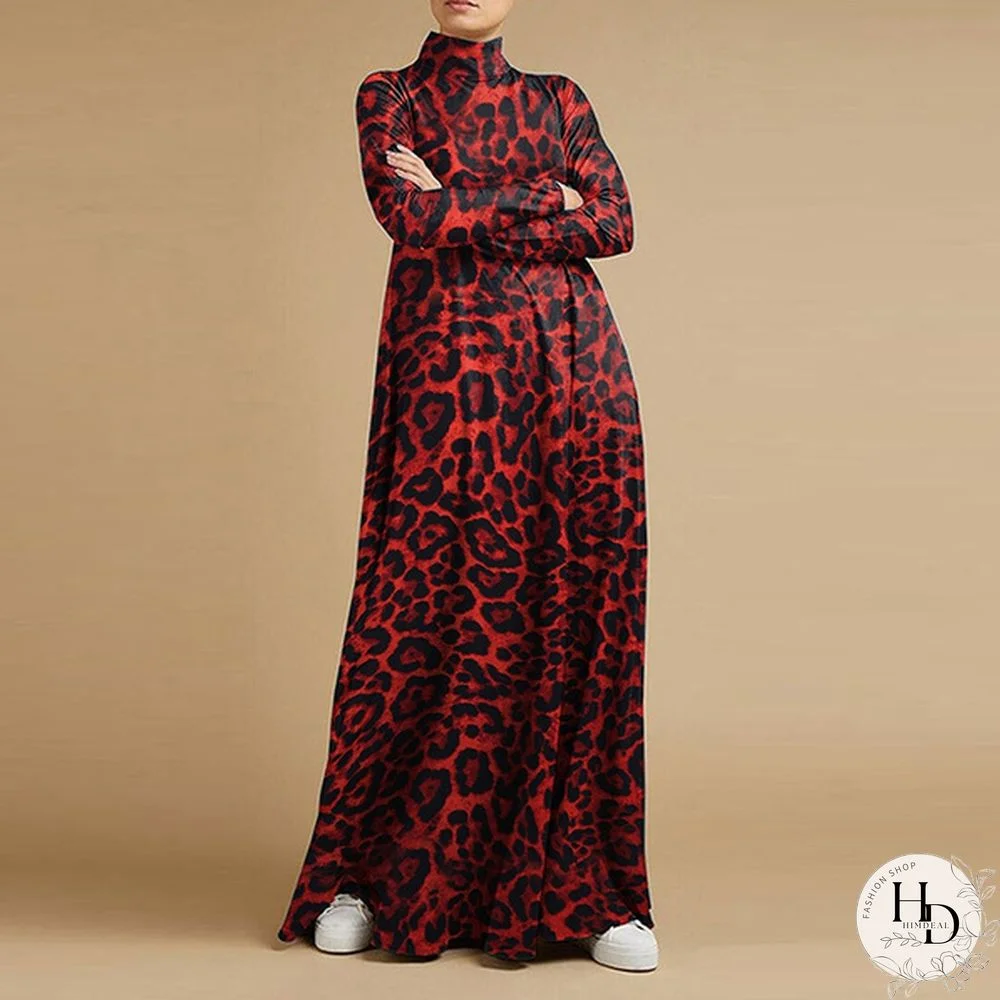 Women Holiday Leopard Print Long Sleeve Dress Ladies Baggy Long Maxi Shirt Dress