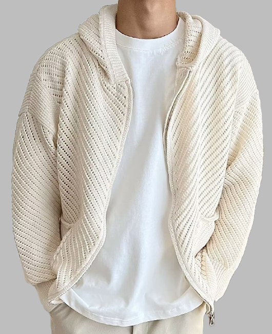 Casual Hollow Out Zip Up Pockets Knitted Hooded Jacket