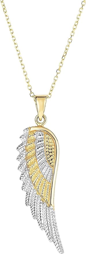Jewelry Affairs Collar de cadena con colgante de ala de ángel de oro amarillo y blanco de 14 quilates, 18 pulgadas, Metal, No es una piedra preciosa