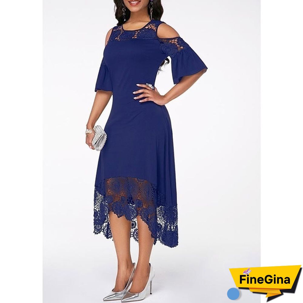 New Fashion Women Elegant Crochet Lace Cold Shoulder Long Dress Party Casual Dress Plus Size