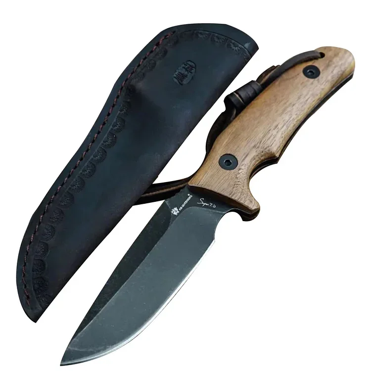 'The Law of Jungle' Compact Full Tang Fixed Blade D2 Steel Outdoor Knife with Walnut handle(Crazy hourse leather sheath)