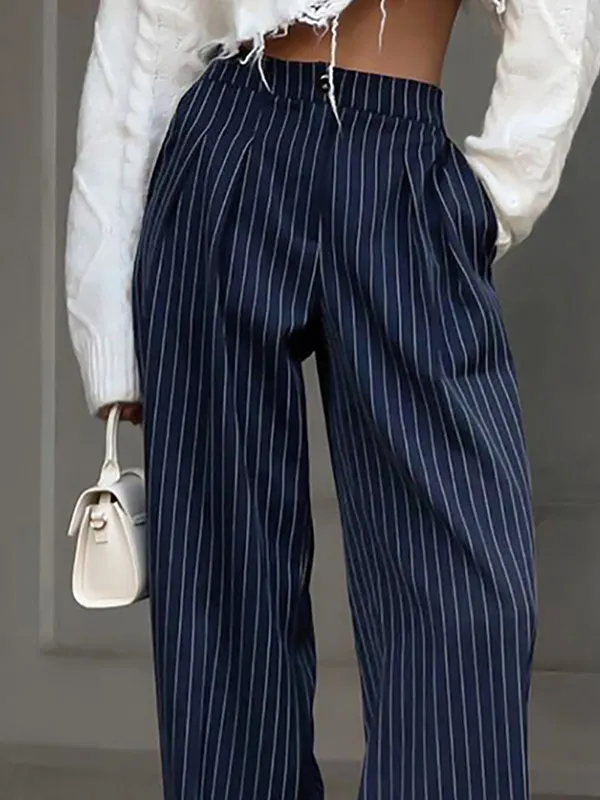French Striped Pockets High Waist Cotton Wide Leg Pants Summer main image 1