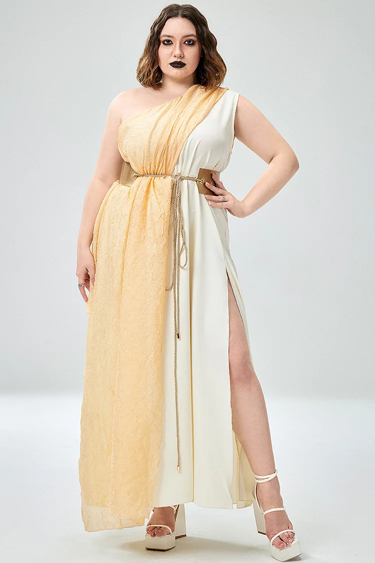 Xpluswear Design Plus Size Casual Halloween Costume Khaki Golden Goddess Maxi Dress 