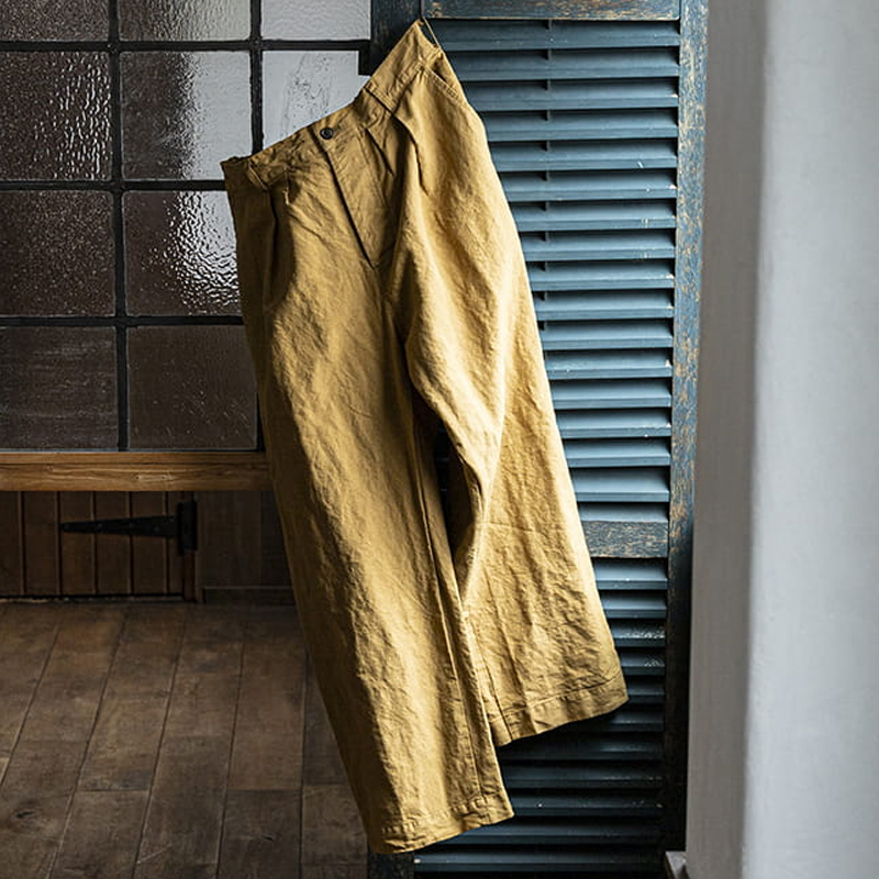 Men's Vintage Mustard Yellow Cotton-Linen Pleated Trousers