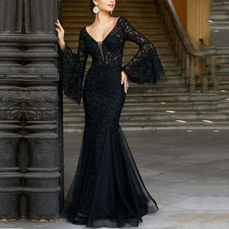 Sexy V Neck Long Flared Sleeve Black Lace Party Elegant Evening Dress