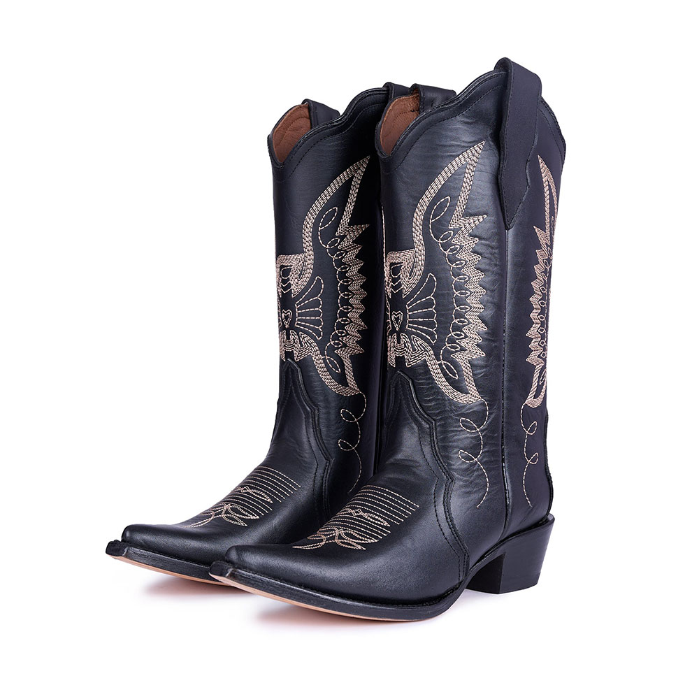 Women's Mid-Calf Snip Toe Black Cowgirl Boots with Embroidered Bird Nicepairs