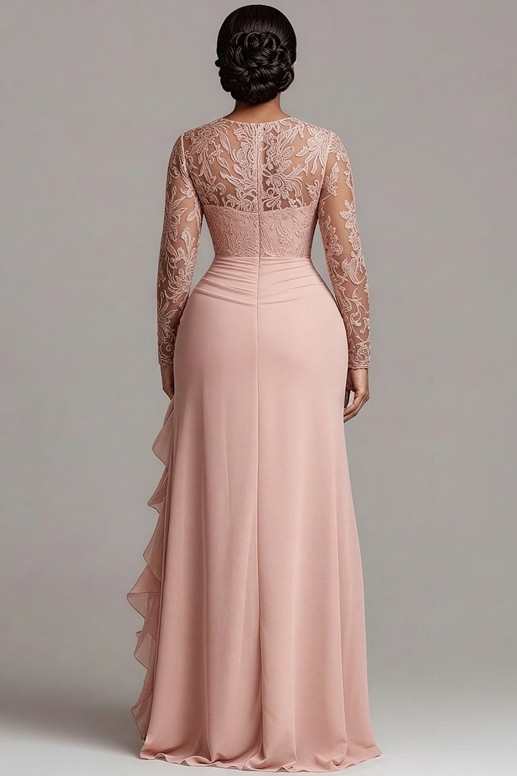 Xpluswear Design Plus Size Formal Pink Round Neck Long Sleeve Split Elegant See Through Satin Maxi Dresses [Pre-Order]