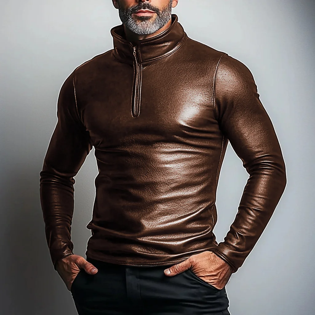 Men's Half Zip Leather Shirt-inspireuse