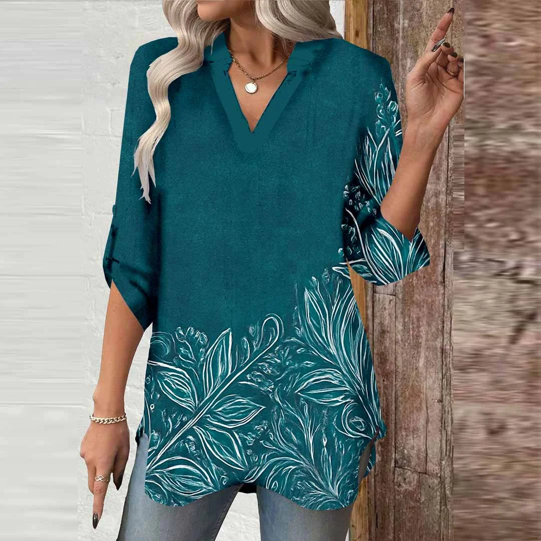 Women Floral, Green DZGA0045 3/4 Sleeve V-neck Printed Graphic Button Tops