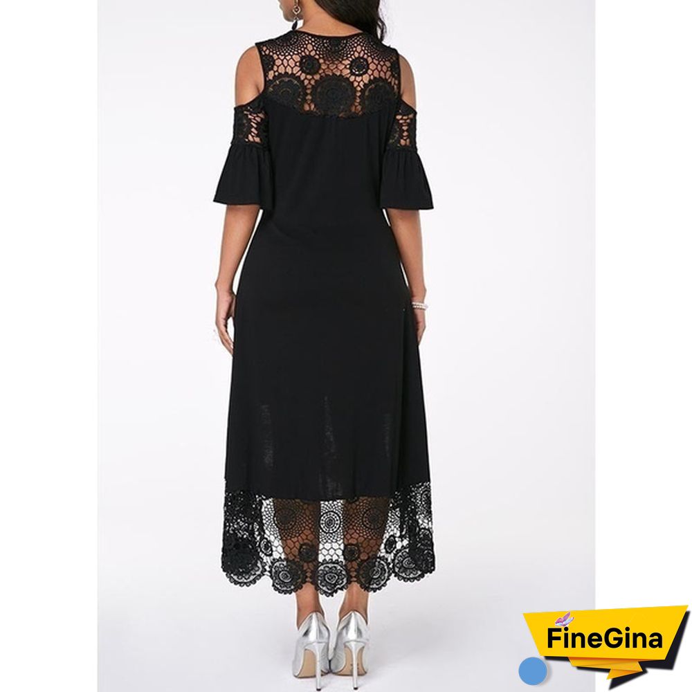 New Fashion Women Elegant Crochet Lace Cold Shoulder Long Dress Party Casual Dress Plus Size