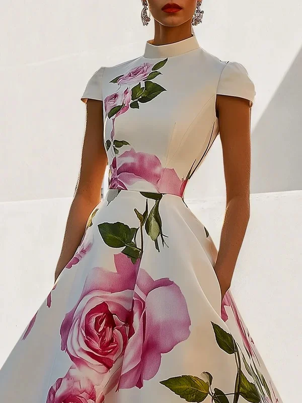 Short Sleeves Skinny Flower Print Stand Collar Midi Dresses