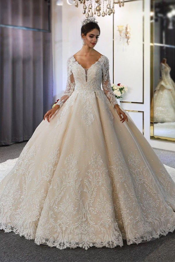 Ovlias Classy Train A-Line Backless Long Sleeve Wedding Dress with Appliques Lace WD0396