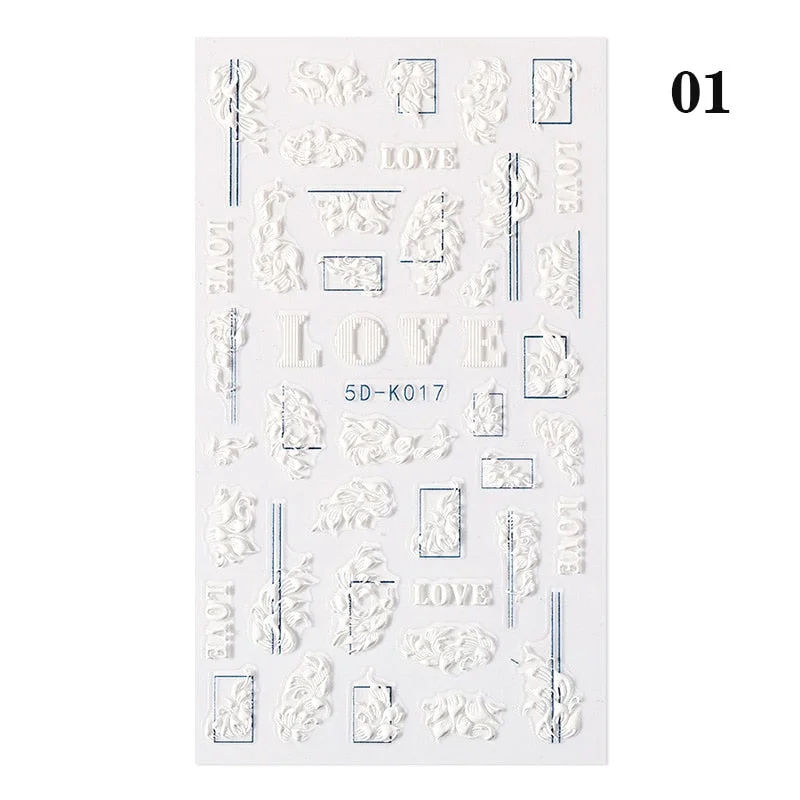 1PC White Embossed Flower Lace 5D Nail Stickers Flower Butterfly Wedding Nail Art Designs Decoration For Manicures