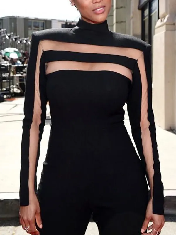 Long Sleeves Loose Beaded Mesh Split-Joint V-Neck Blouses&Shirts Tops