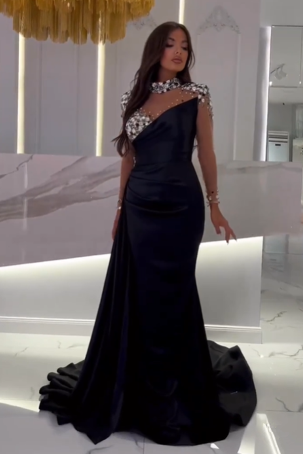 New Arrival Black Long Sleeves Prom Dress High Neck Mermaid With Crystal Beads - lulusllly