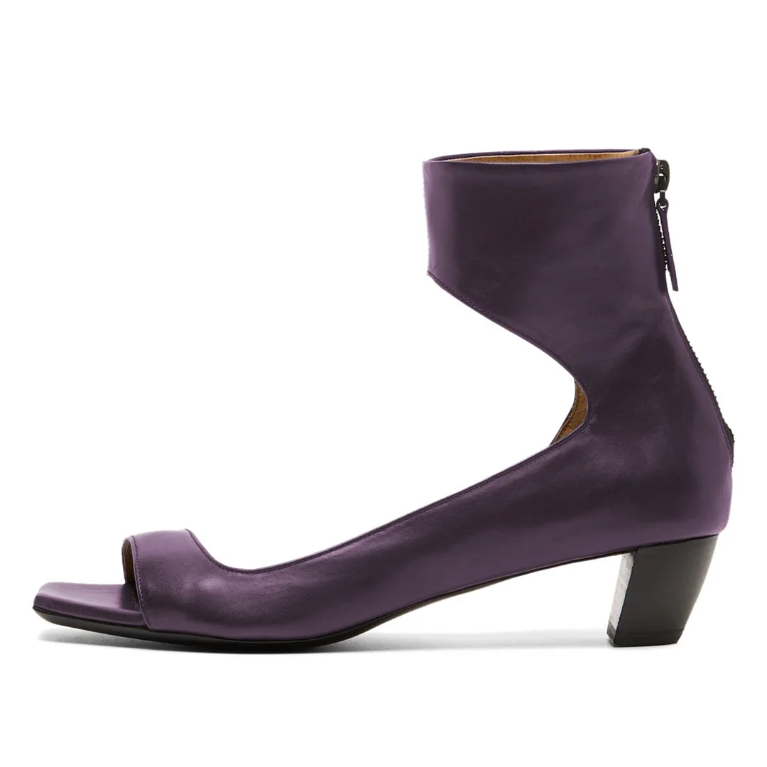 Purple Vegan Leather Open-Toe Chunky Heel Zipper Sandals for Women