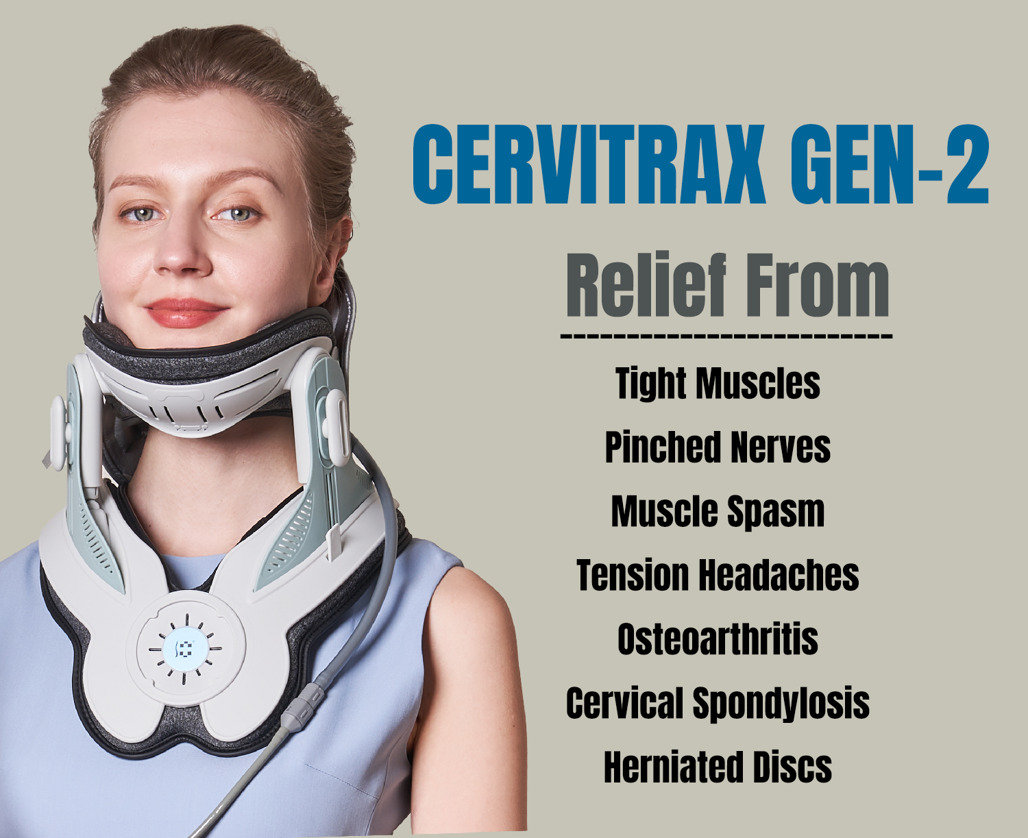 A modern cervical traction device designed to provide neck pain relief. The CerviTrax Gen-2 features an ergonomic design with adjustable straps, comfortable padding, and an easy-to-use inflation pump. The device is shown in use, supporting the user's neck and gently stretching the cervical spine for therapeutic benefits.