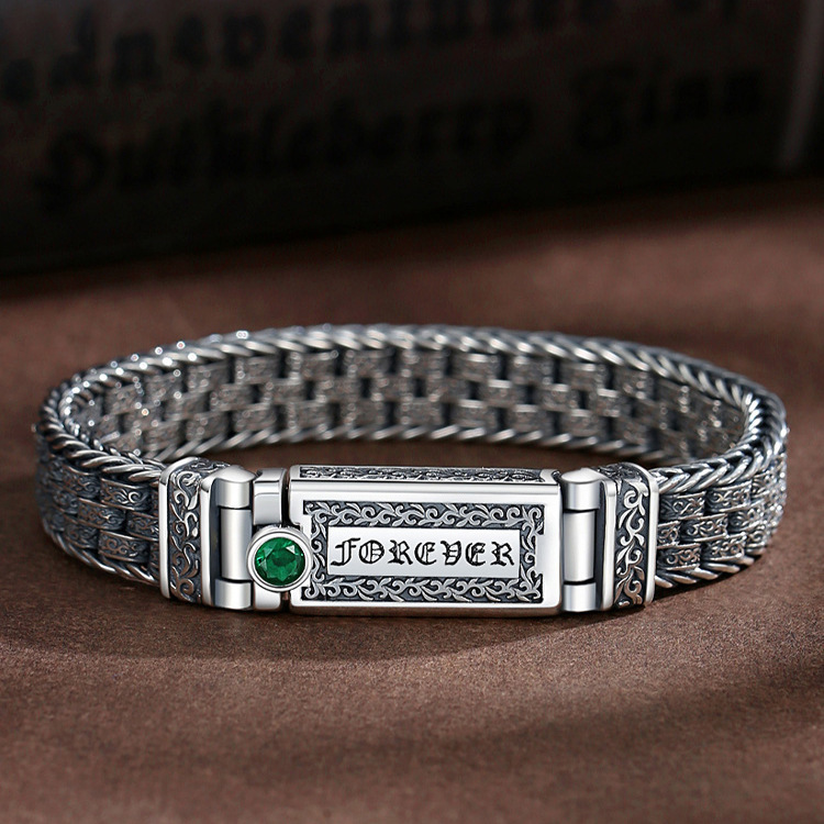 Grass Pattern Six-character Mantra Forever 925 Silver Mens Bracelet