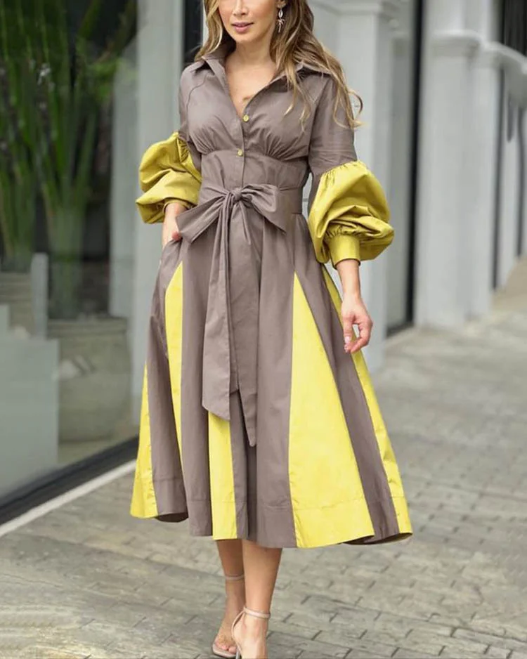 Shirt Dress Puff Sleeve Contrast Midi Dress