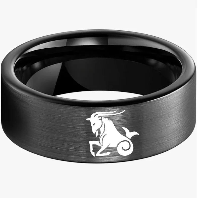 Men Women Black Capricorn Tungsten Carbide Rings Couple Wedding Bands Flat Comfort Fit 4MM 6MM 8MM Width