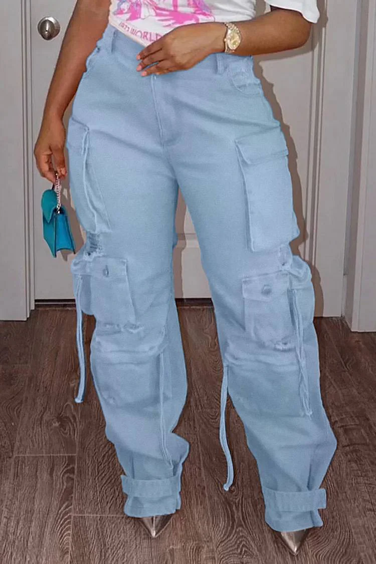 Xpluswear Plus Size Pink Daily Pockets Buttons Cargo Denim Jeans 