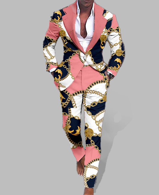 Chain Print Colorblock Notch Lapel Blazer & Pants 2Pcs Set
