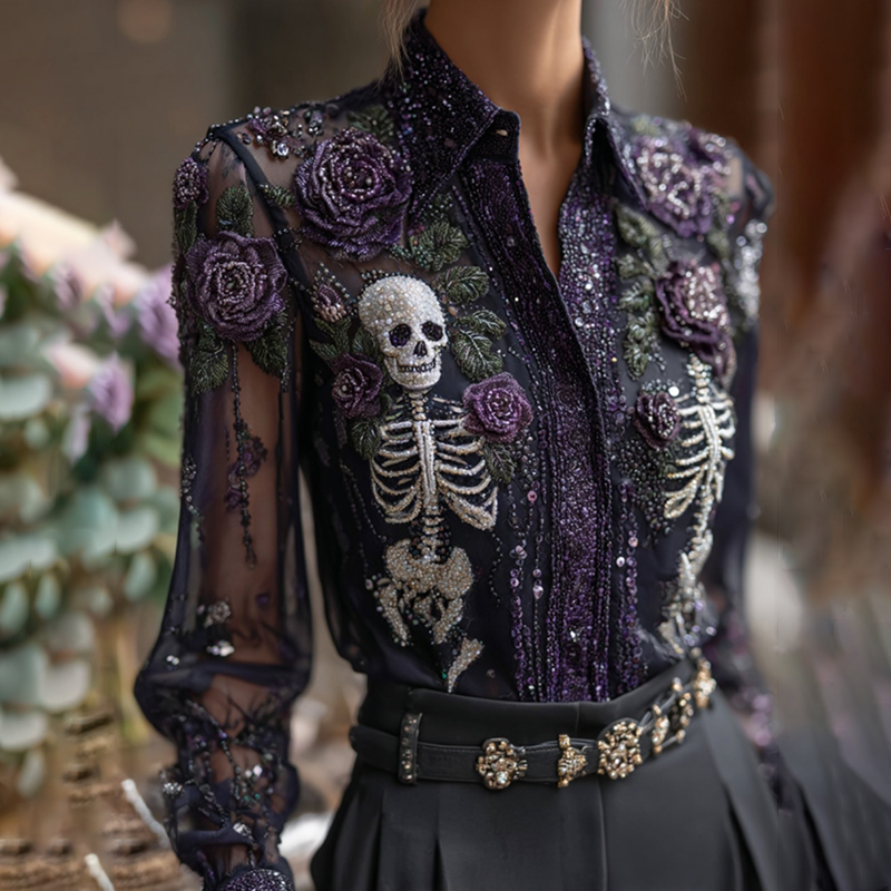 Vintage Skull Skeleton And Purple Roses Flowy Shirt