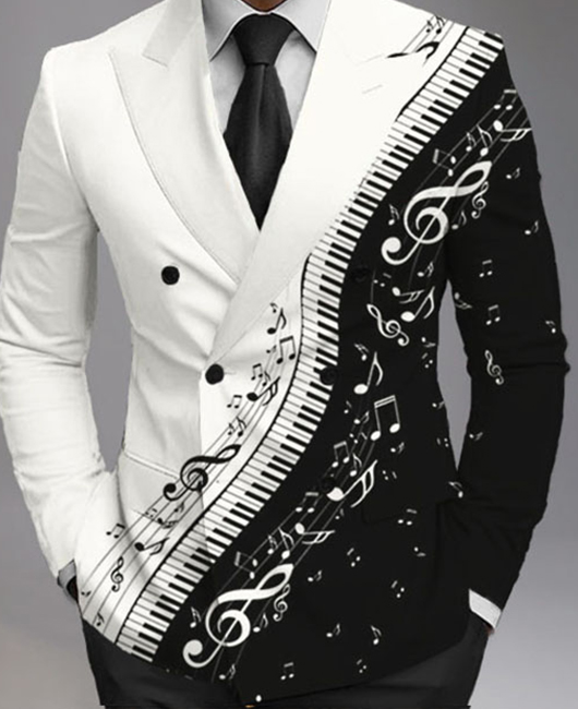 Business Peaked Lapel Double Breasted Piano Notes Print Blazer