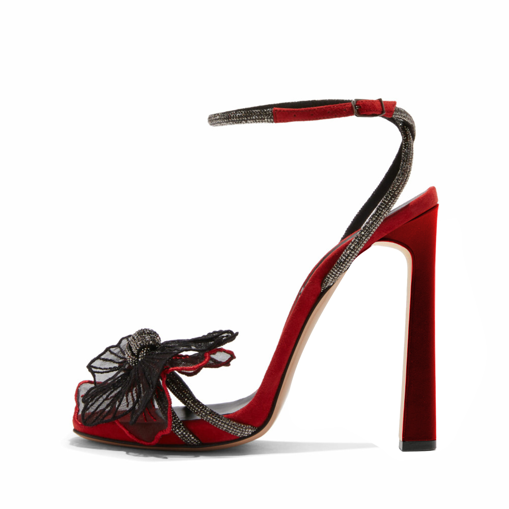 Black & Red Satin Opened Toe Flower Ankle Strappy Sandals With Flared Heels Nicepairs
