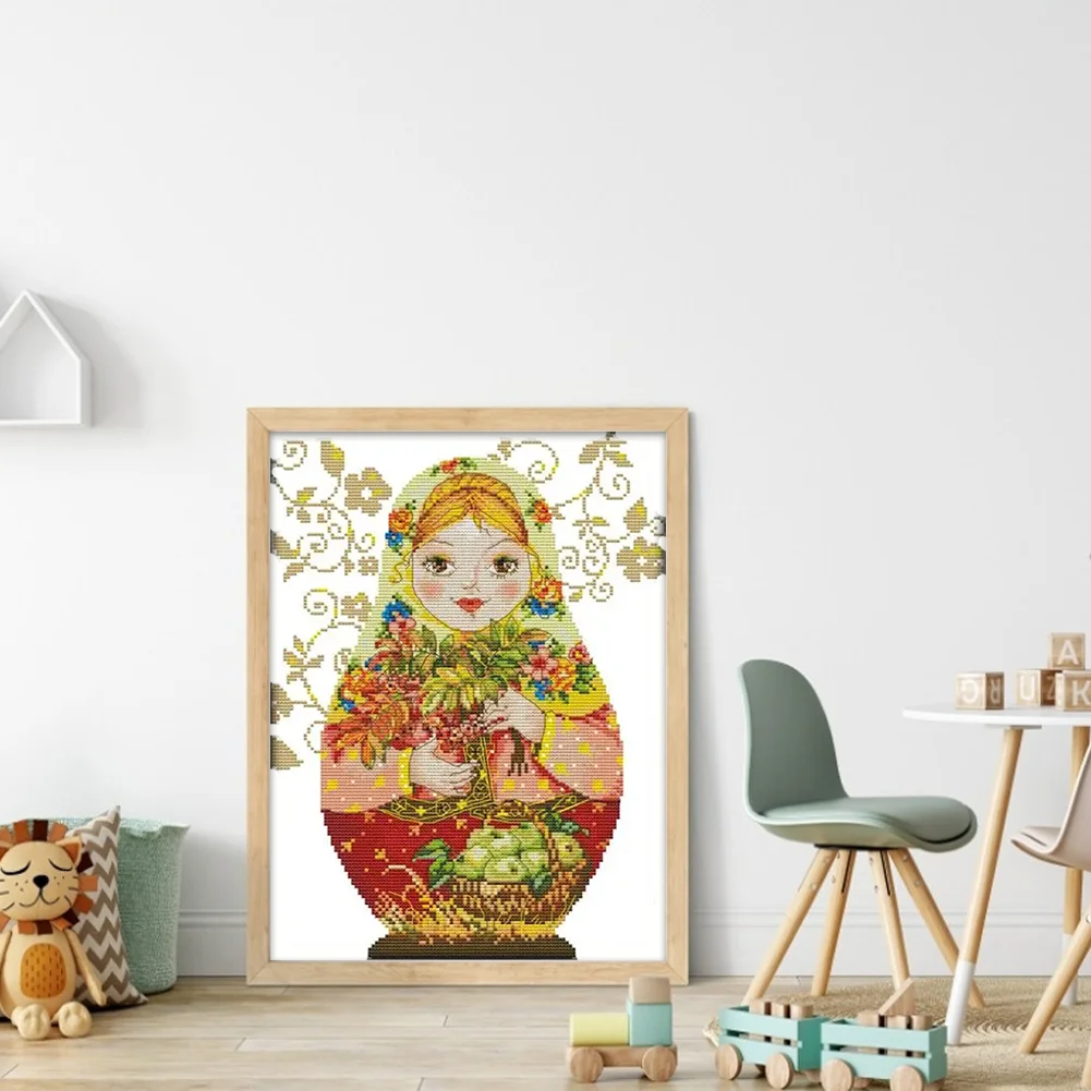 Russian Matryoshka Doll(5) Partial 14CT Pre-stamped Canvas(28*37cm) Cross Stitch(backstitch)