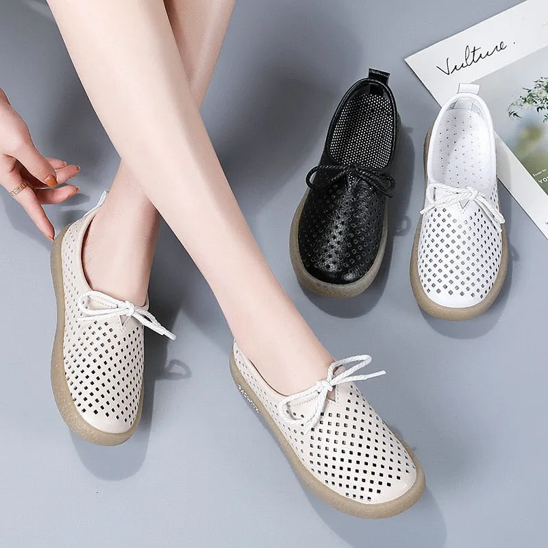 GKTINOO New Breathable Genuine Leather Summer Shoes Woman Flats Hollow Comfortable Ladies White Loafers Soft Casual Shoes