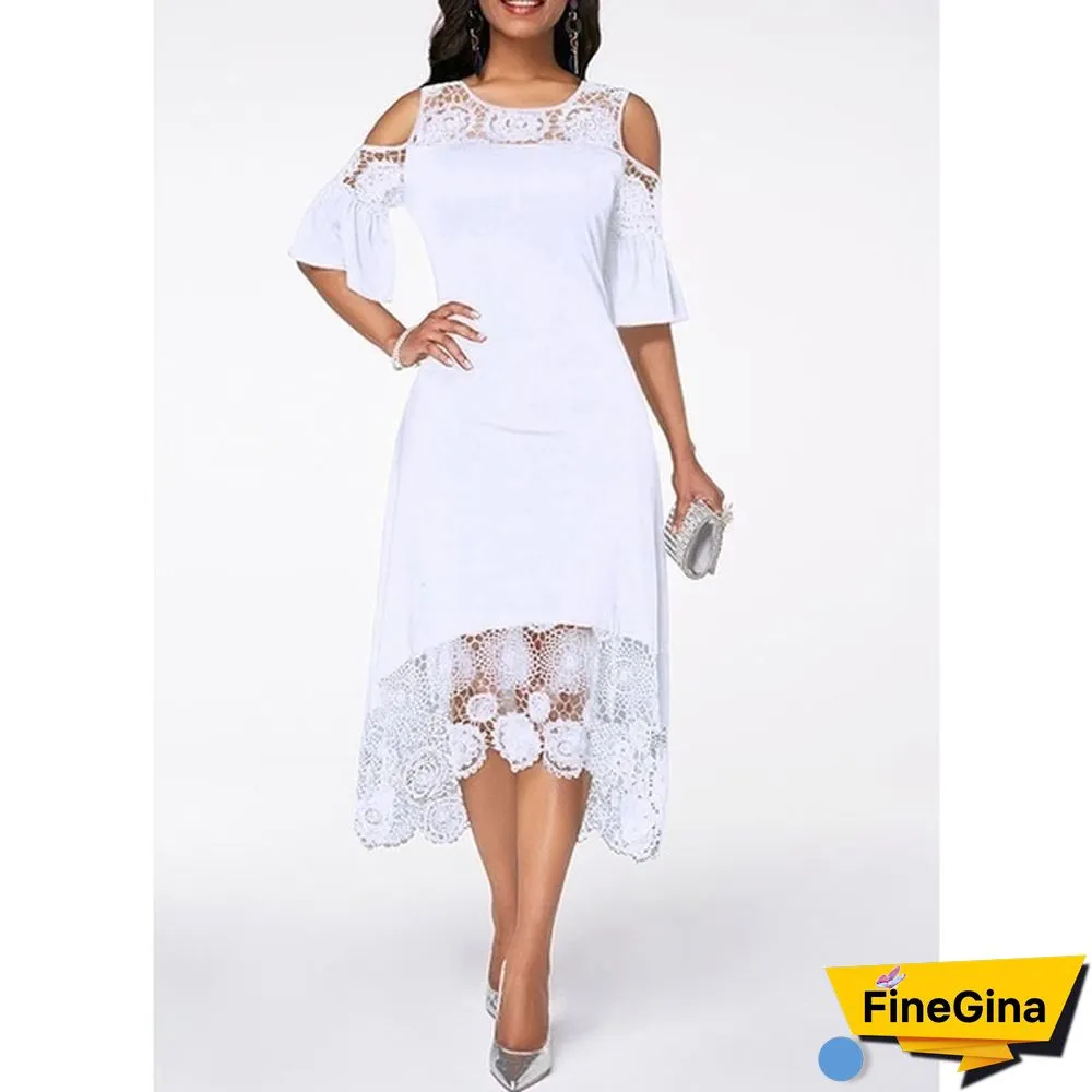 New Fashion Women Elegant Crochet Lace Cold Shoulder Long Dress Party Casual Dress Plus Size