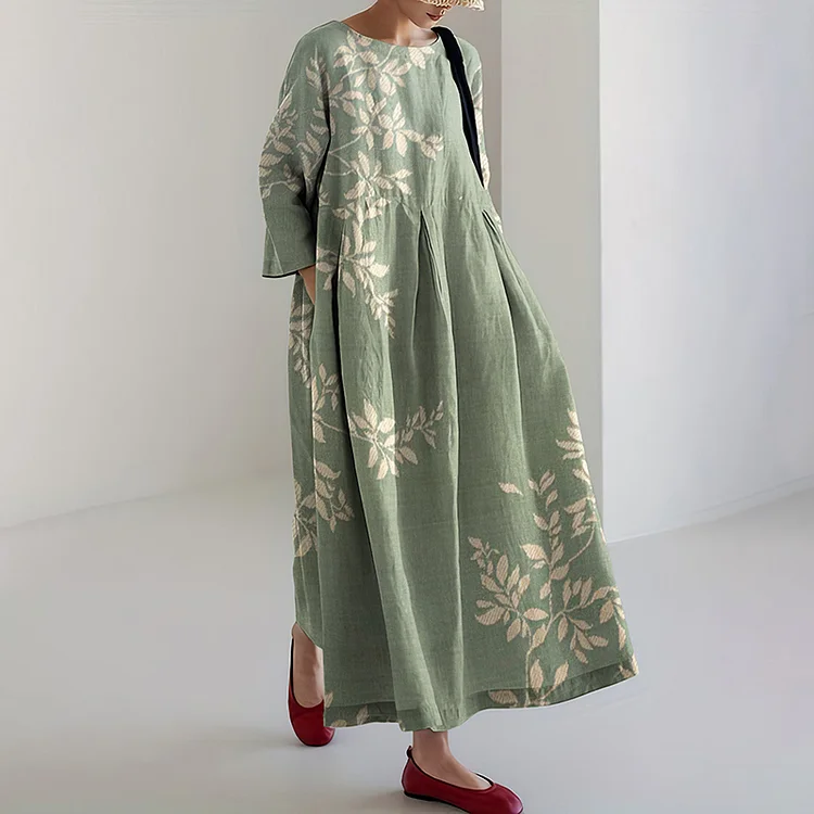 Comstylish Japanese Art Flower Print Long Sleeve Casual Midi Dress