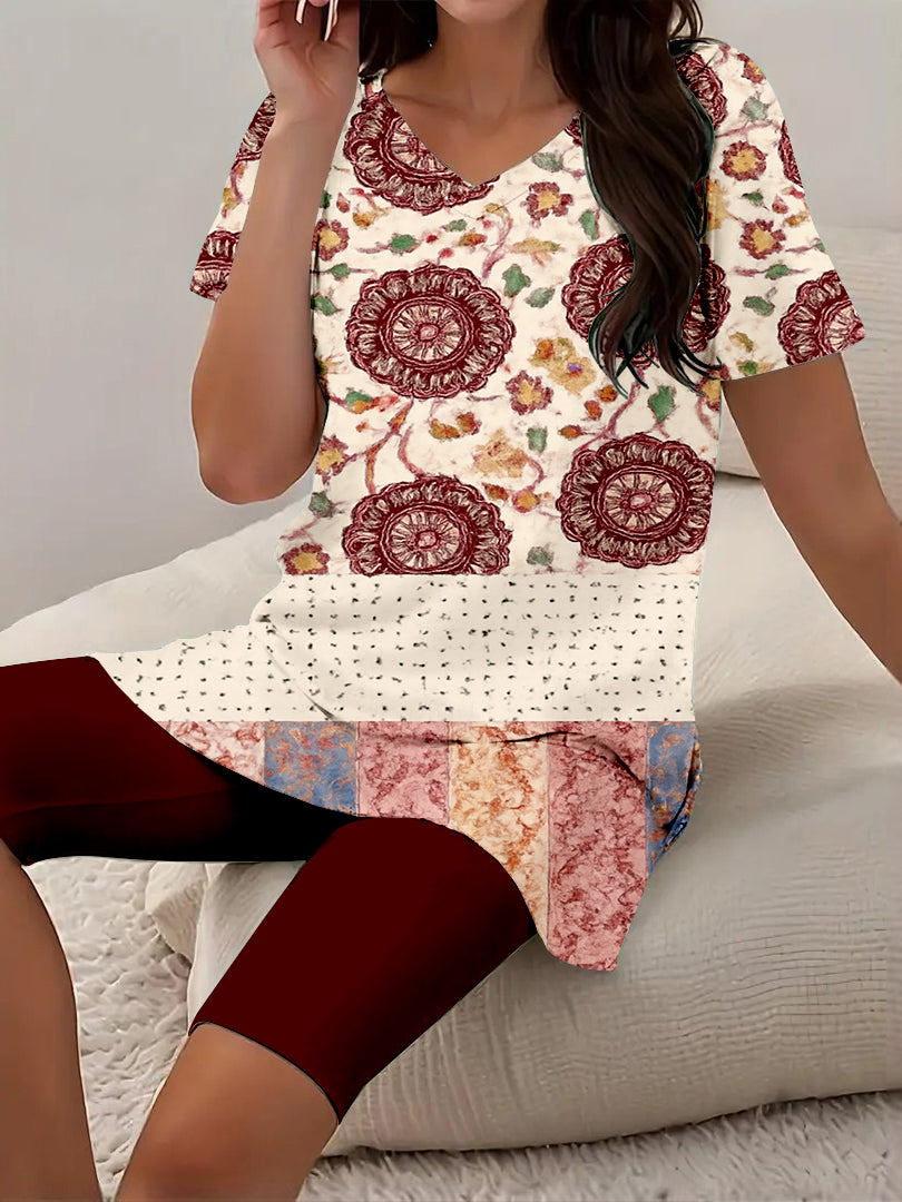 Women Long Sleeve V-neck Graphic Floral Printed Top