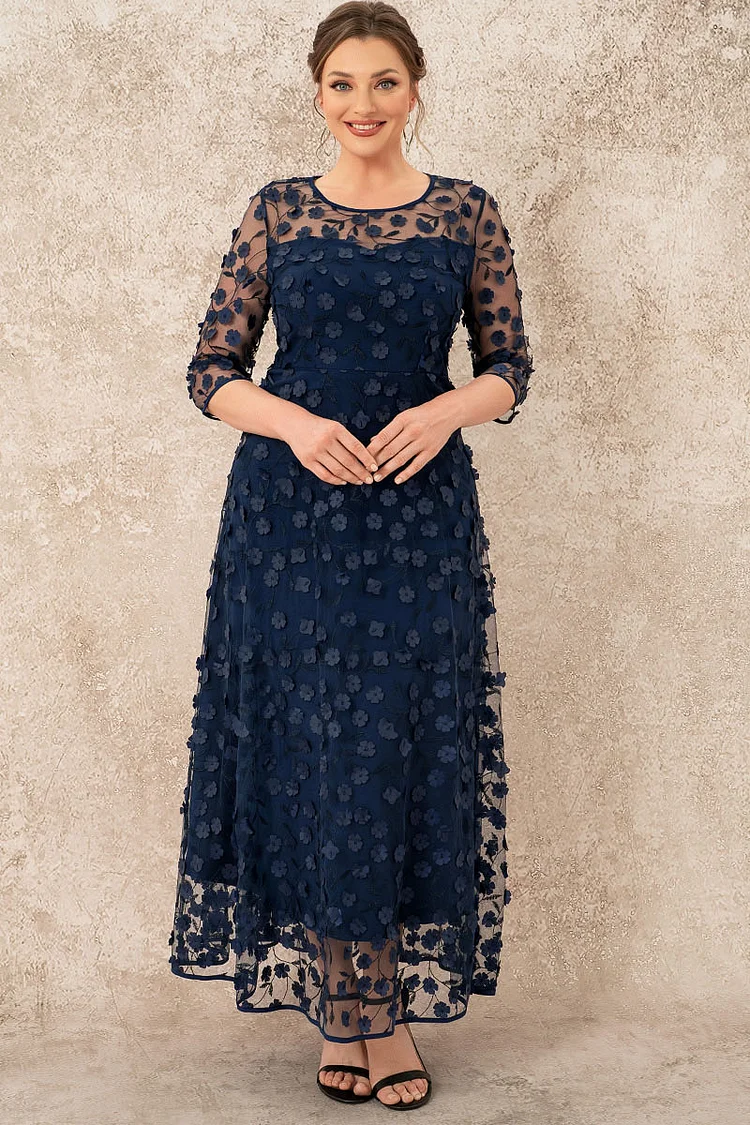 Flycurvy Plus Size Mother Of The Bride Navy Blue Mesh Stereo Flowers Tunic Maxi Dress  Flycurvy [product_label]
